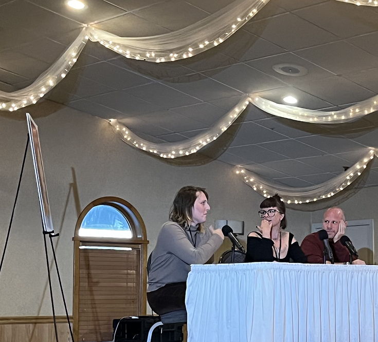 Palana Belken, Henri Bynx, and David Mickenberg give a panel discussing lobbying and storytelling.