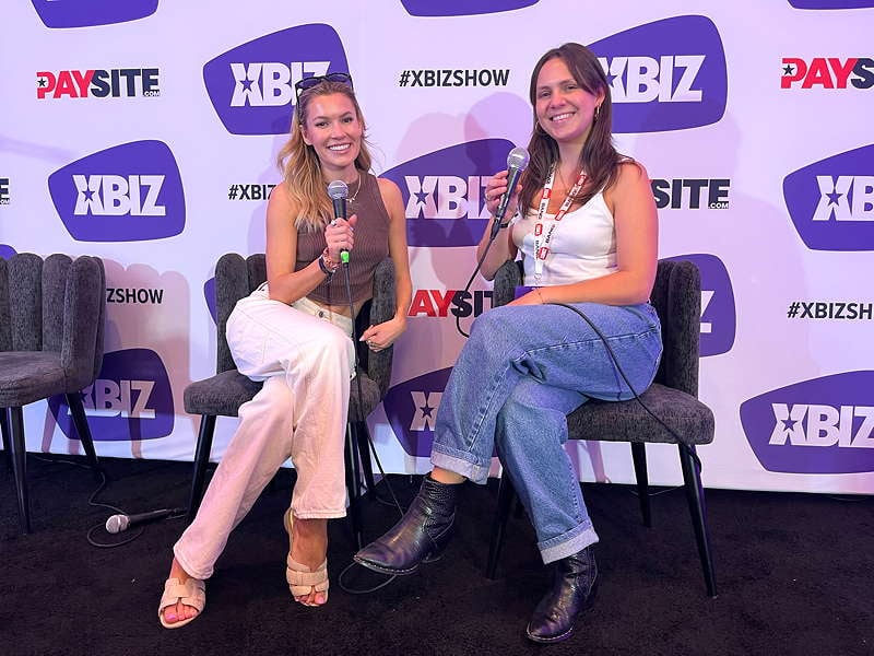DSW Development Manager Esme Bengtson and Executive Assistant Maddy Kammeraad-Campbell during a panel at XBIZ in LA.
