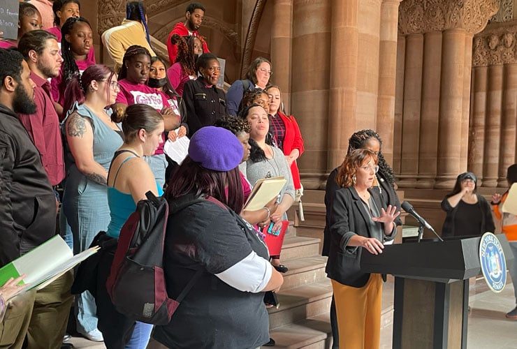 Decriminalize Sex Work hosted a press conference to advocate for immunity laws at the New York State Capitol in April 2023.