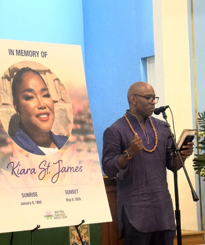 Kenyon Farrow, the president of the board of the directors of NYTAG, at the memorial service of Kiara St. James.