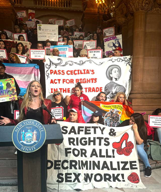 DSW Legal Director Melissa Broudo addresses the media at Decriminalization Advocacy Day in Albany.