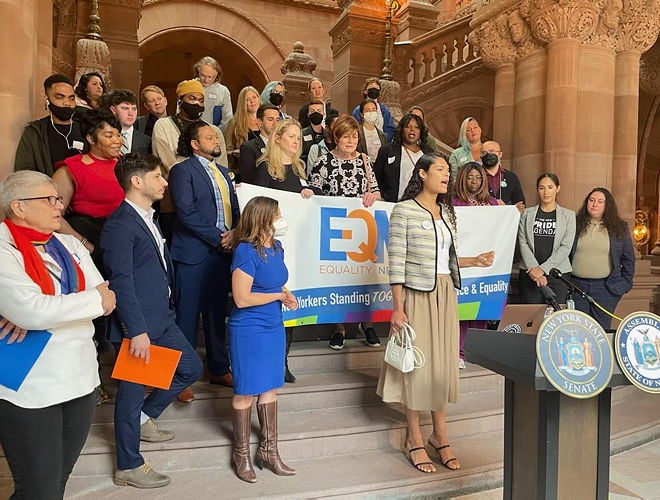 J. Leigh Oshiro-Brantly and Melissa Broudo join other advocates for a press conference during Equality New York’s Advocacy Day.