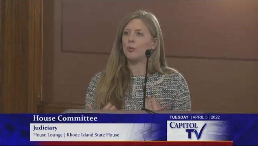 Melissa Broudo testifies in front of the RI House Judiciary Committee.